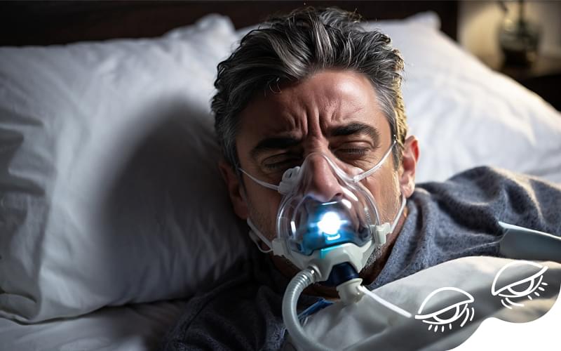 Person sleeping with a CPAP machine to treat sleep apnea